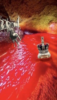 an image of a red cave with a king and deer in it