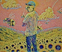 a painting of a man standing in a field of sunflowers