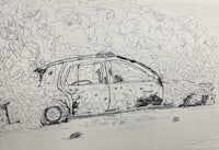 a drawing of a car with smoke coming out of it