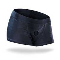 a women's black boxer brief with an elastic waistband