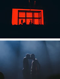 two pictures of a man and a woman standing in front of a stage