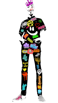an illustration of a man with graffiti on his clothes