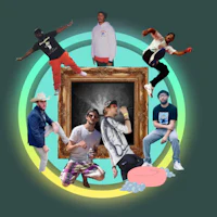 a group of people posing in front of a frame