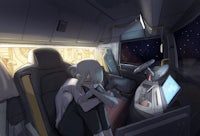 a girl sitting in the back seat of a train