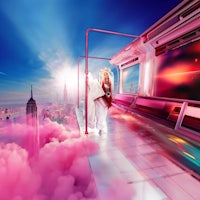 a girl standing on a subway platform with clouds in the background