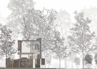 a black and white rendering of a house in the woods