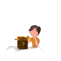a boy looking at a box with a question mark on it