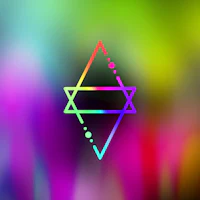 a colorful triangle logo on a blurry background