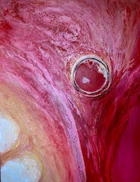 an abstract painting of a red and yellow eye
