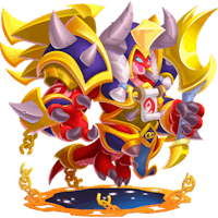 a character in a red and gold costume with a sword