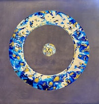 a painting of a blue and yellow circle