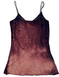 a women's cami top with a red and black design