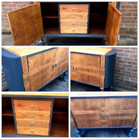 four pictures of a wooden sideboard with drawers