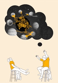 an illustration of a man sitting on a stool with a thought bubble above his head