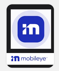 a blue and white logo with the word mobileeye on it