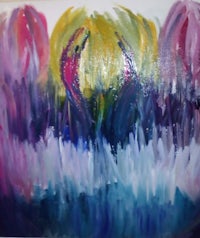 a painting of a purple, pink, and yellow flower