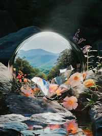 a glass ball surrounded by flowers and rocks