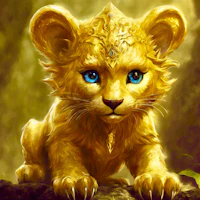a golden lion cub with blue eyes sitting in the woods
