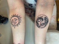 two tattoos of a sun and a sun face