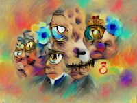 a painting of a group of people with different facial expressions