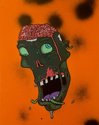 a painting of a zombie head on an orange background