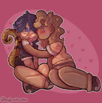 two cartoon characters hugging each other on a pink background