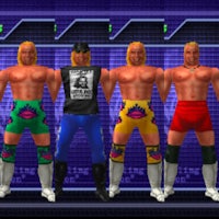 a group of wrestlers standing in front of a purple screen