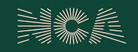 a white logo with a sunburst on a green background