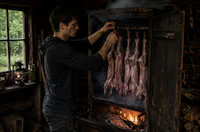 a man is preparing meat in a wood burning oven