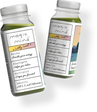 two bottles of green juice with the label magic mind