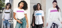 four women wearing t - shirts that say shop now
