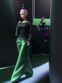 a 3d image of a barbie doll in green pants