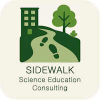 SIDEWALK Science Education Consulting logo. A sidewalk with shoe prints bisects a landscape with a building on one side and grass and trees on the other side.