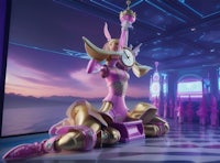 a pink statue with a clock in the middle of a room