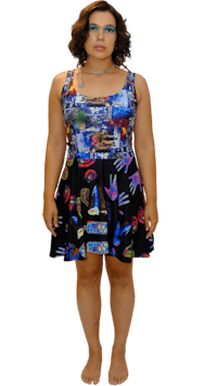 a woman wearing a colorful dress