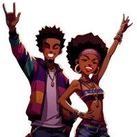 a cartoon couple with their hands raised in the air
