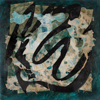 a painting with a blue and black background