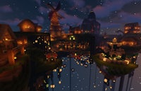 a screenshot of a minecraft village at night