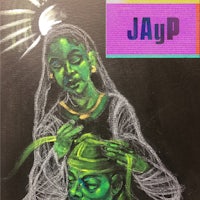 a drawing of a woman with a green head