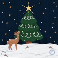 a christmas card with a deer and a christmas tree