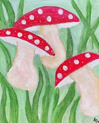 a painting of three red mushrooms in the grass