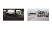 two pictures of a parking garage and a sidewalk
