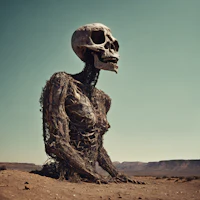 a skeleton sitting in the middle of the desert