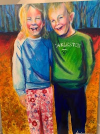 a painting of two children standing next to each other