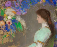 a painting of a woman sitting in a chair with flowers