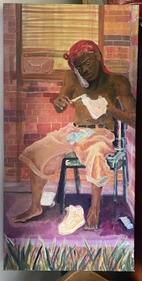 a painting of a man sitting on a chair