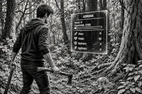 a man is walking through the woods with an axe