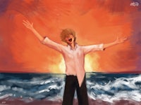 a painting of a man standing on the beach with his arms outstretched