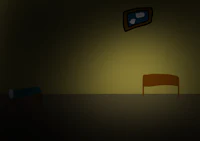 a dark room with a chair and a lamp