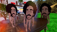 a cartoon of a man with afro hair standing in front of a table
